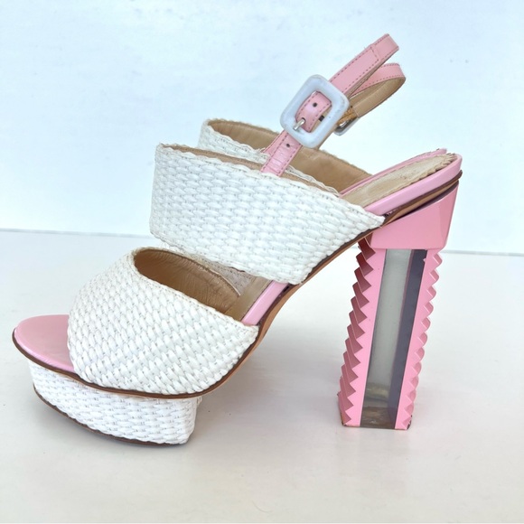 APERLAI Paris White Wicker Style Pink Leather Ankle Strap  Lucite Heel Sz 38 - Picture 6 of 15
